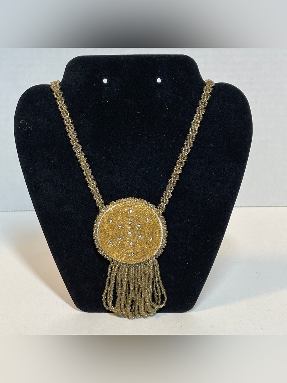 Vintage Native American Intricate Gold Seed Bead Medallion Necklace, Fringe, 27”
